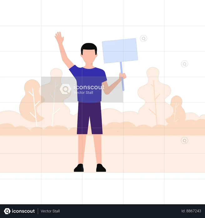 Boy waving hand while holding board  Illustration