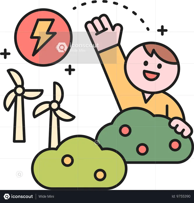 再生可能エネルギーを使いながら手を振る少年  イラスト