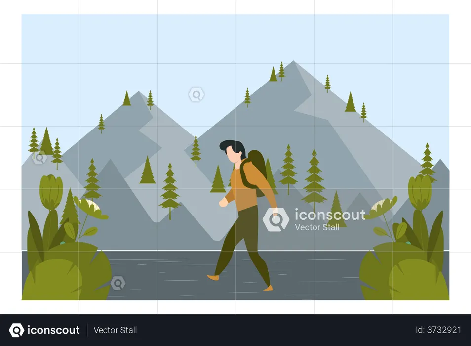 Boy Wearing Backpack Walking On Plateau  Illustration