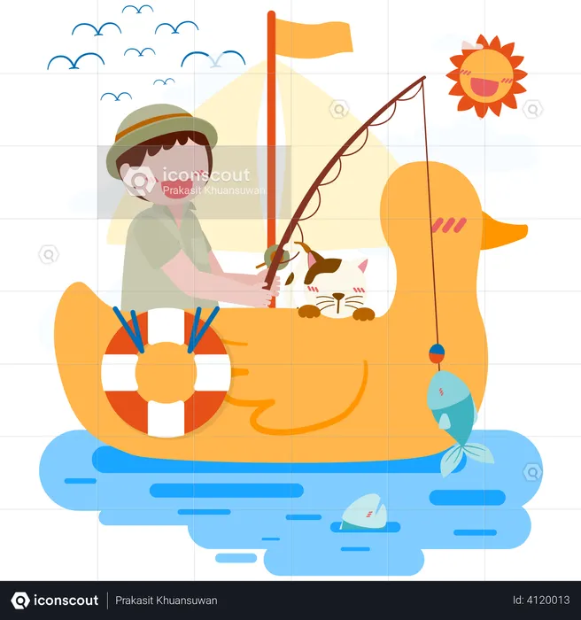 Boy wearing hat sit to fishing on duck shaped rubber raft  Illustration