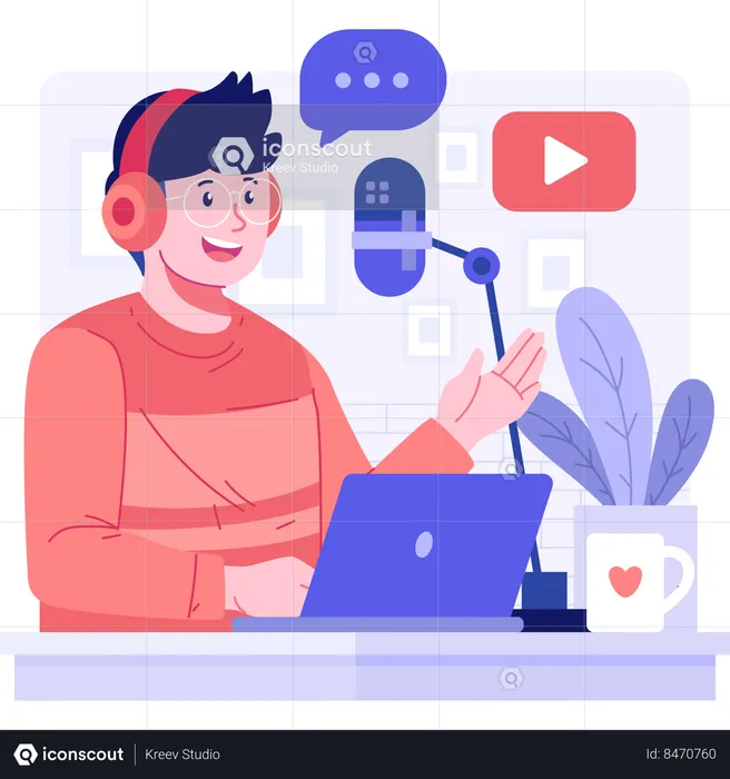 Boy wearing headphone and recording podcast  Illustration