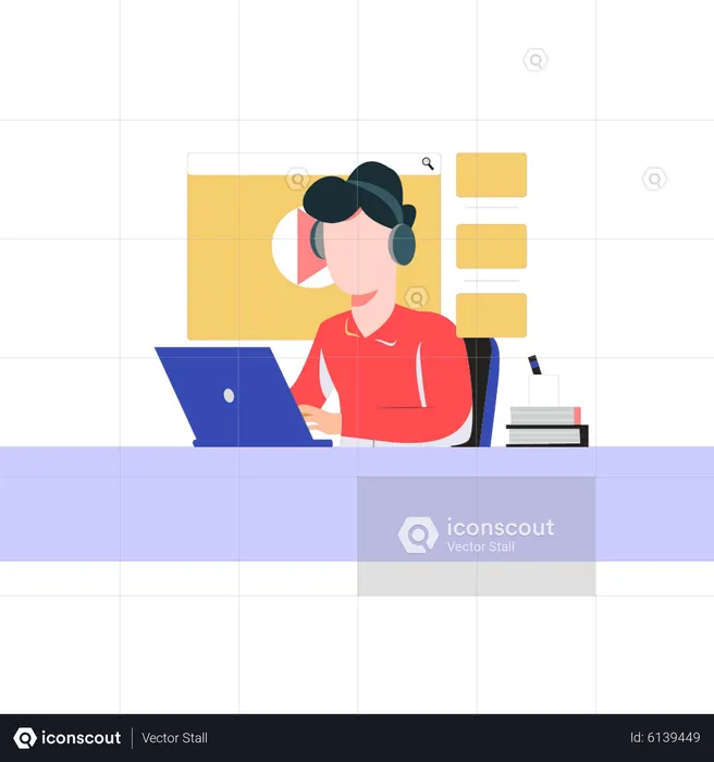 Boy wearing headphones using laptop  Illustration
