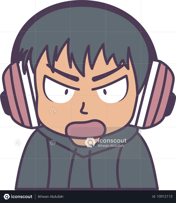 Boy wearing headset with annoyed angry expression  Illustration