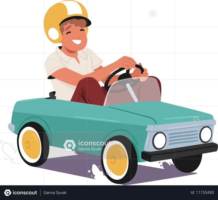 Boy Wearing Helmet and Rides Classic Pedal Car  Illustration