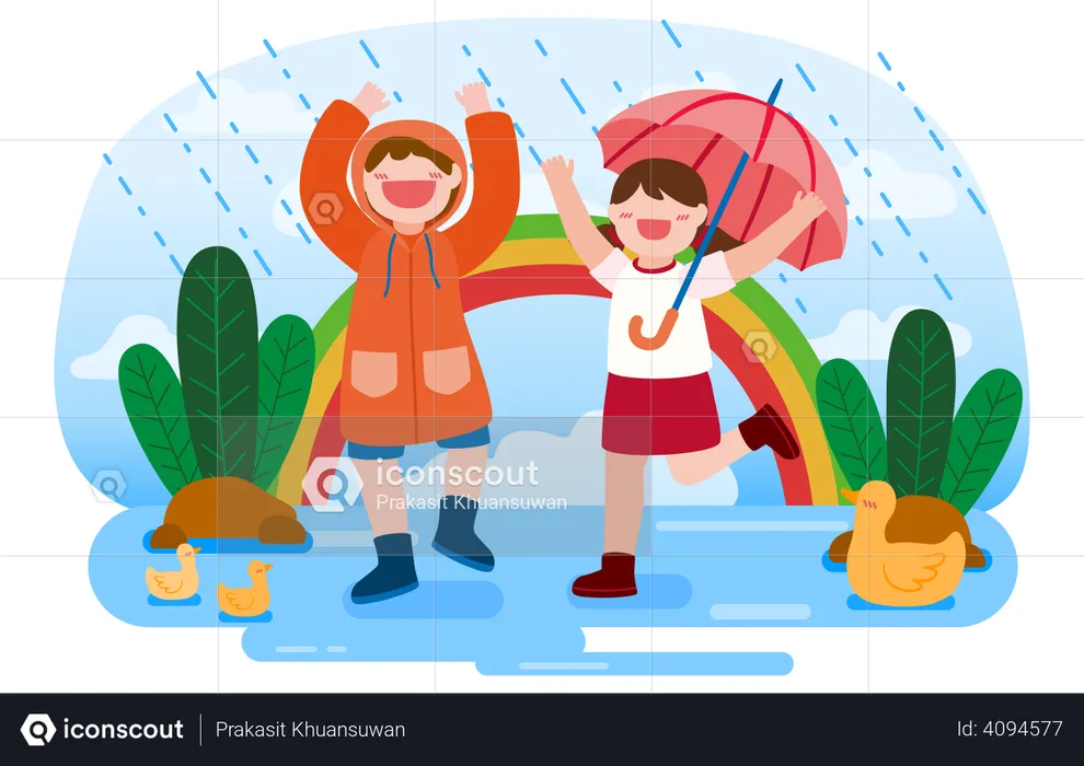 Boy wearing raincoat and girl holding umbrella enjoying rain  Illustration