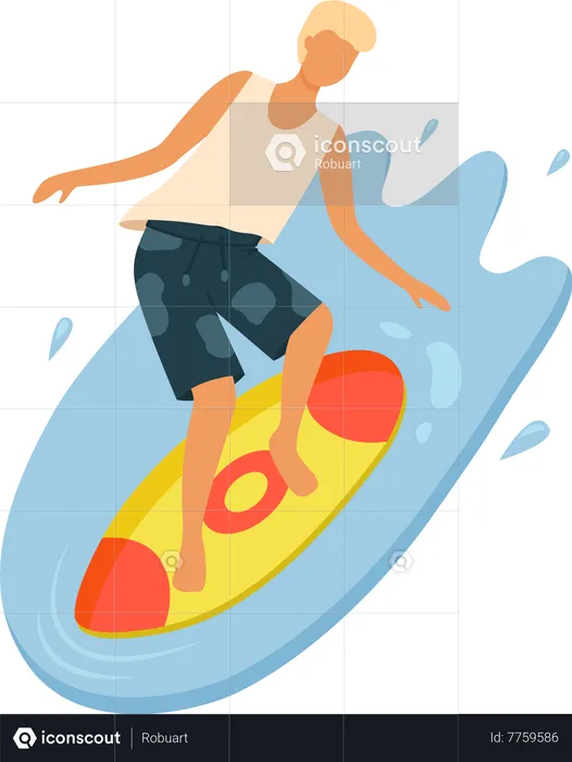 Boy Wearing T-shirt and Shorts Surfing  Illustration