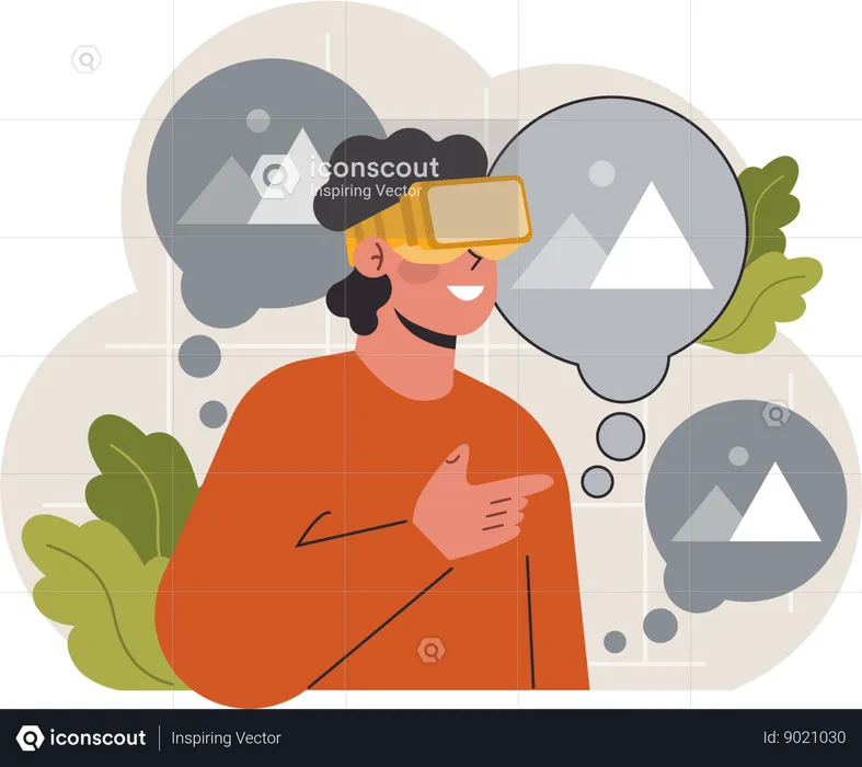 Boy wearing vr glass while thinking about image  Illustration