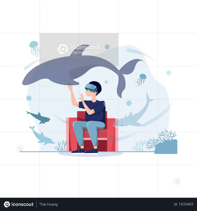 Boy wearing vr glasses and taking experience of the marine life  Illustration