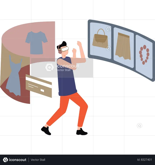 Boy wearing VR glasses shopping online  Illustration