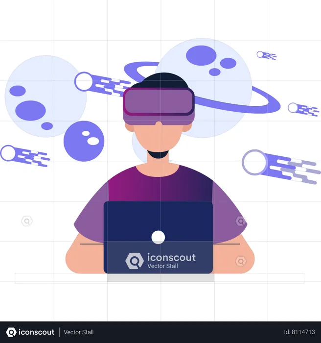 Boy Wearing Vr Using Laptop  Illustration