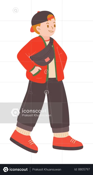 Boy wears small traveling purse  Illustration