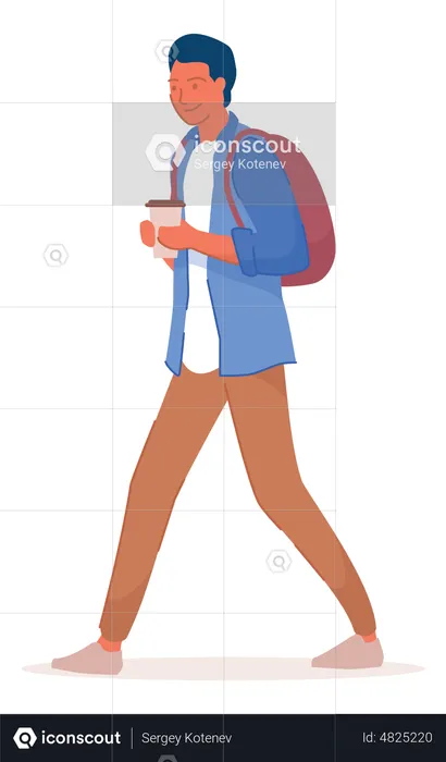 Boy with bag and holding coffee cup  Illustration