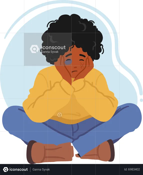Boy with bruises on face sitting on floor  Illustration