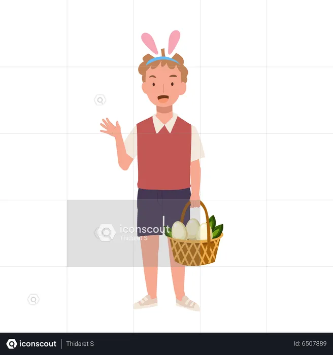 Boy with bunny ears showing fully basket from hunting an easter egg  Illustration