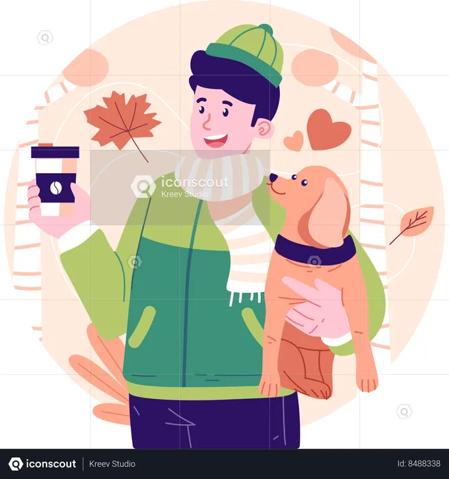 Boy with coffee and dog in autumn  Illustration