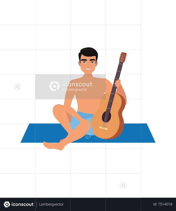 Boy with guitar at beach  Illustration