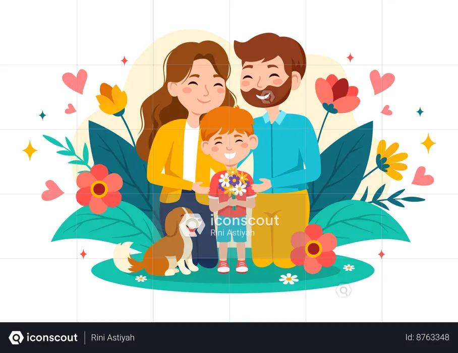 Boy with parents and dog  Illustration