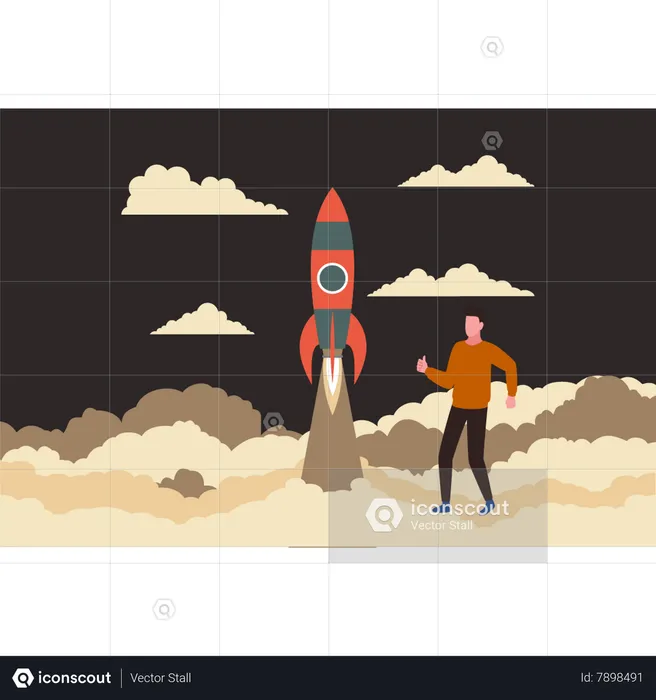 Boy with rocket launched into space  Illustration