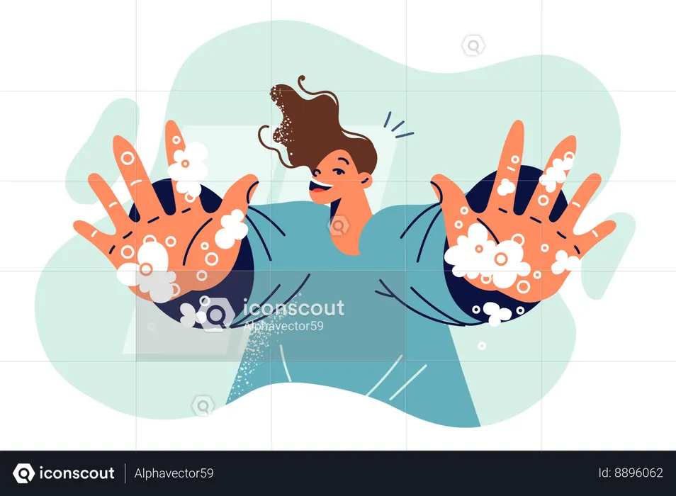 Boy with soapy hands demonstrates foam on palms and urges to follow hygiene rules  Illustration