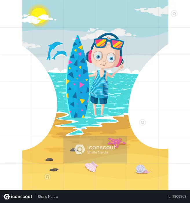 Boy with surfing board enjoying in sea  Illustration