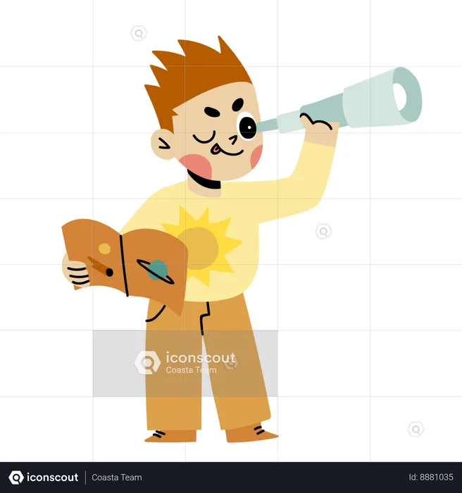 Boy with telescope finding something  Illustration