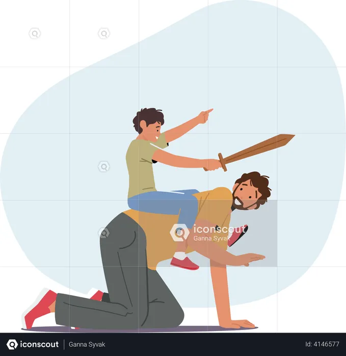 Boy with Wooden Sword Sitting on Back fathers back  Illustration