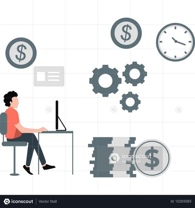 Boy working about work and time management  Illustration