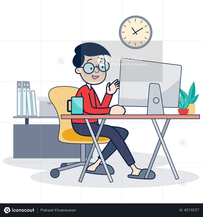 Boy working from home to prevent virus infection  Illustration