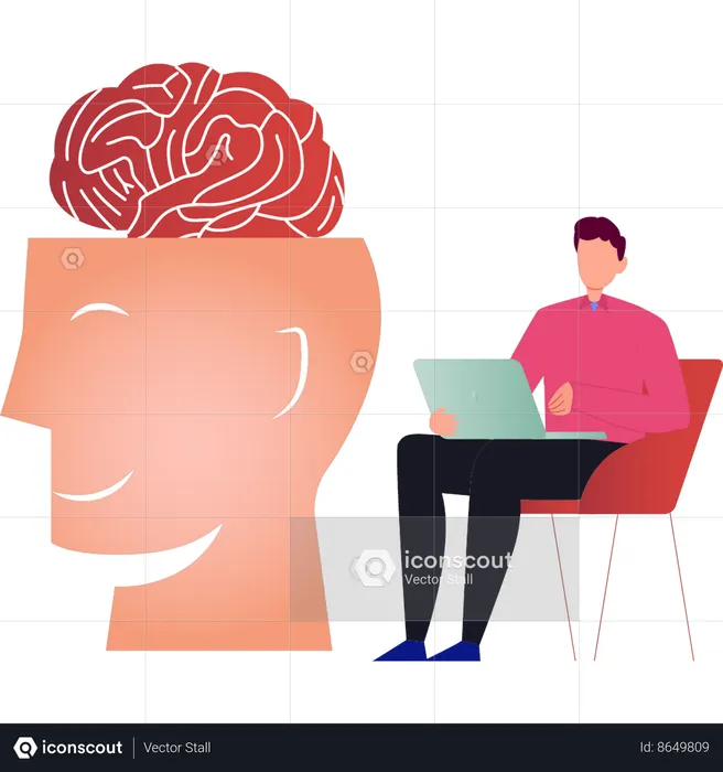 Boy working on brain creativity on laptop  Illustration