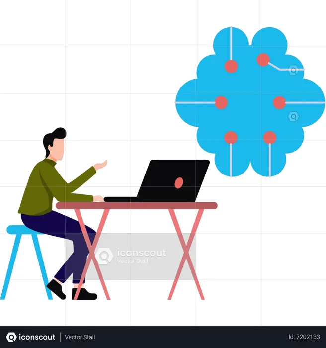 Boy working on brain technology on his laptop  Illustration