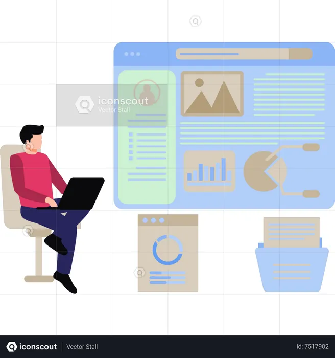 Boy working on business chart graph  Illustration