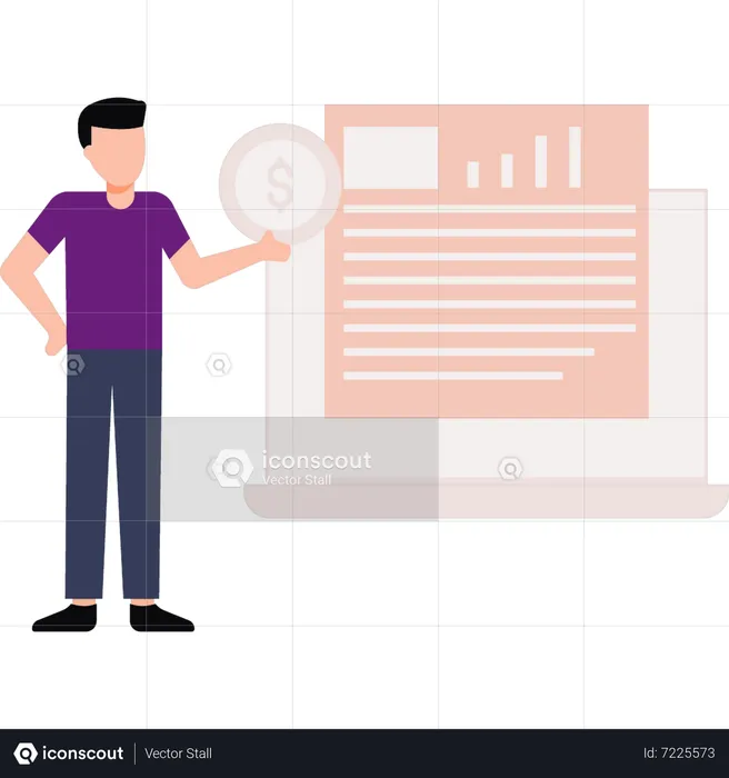 Boy working on finance document on laptop  Illustration