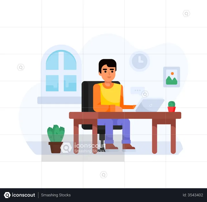 Boy working on laptop at home  Illustration