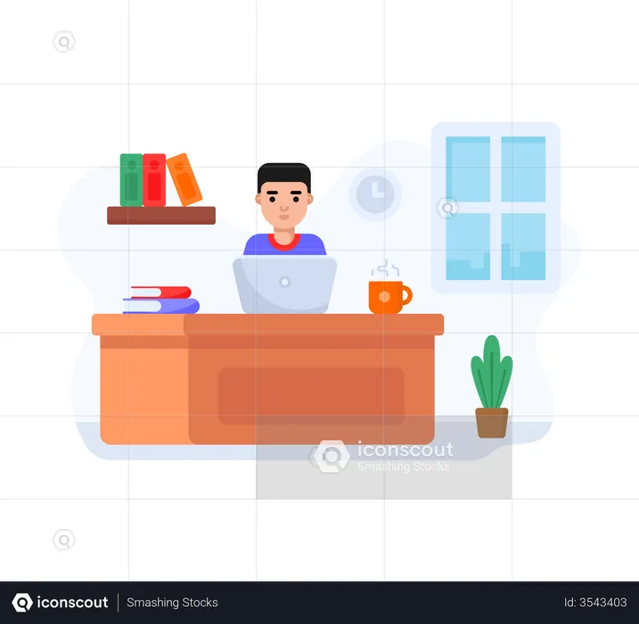 Boy working on laptop at home  Illustration