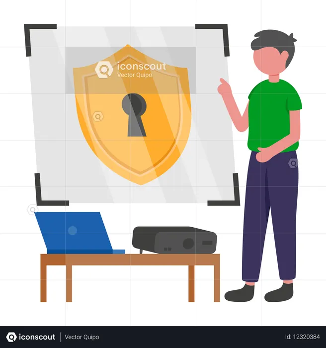 Boy working on laptop security  Illustration