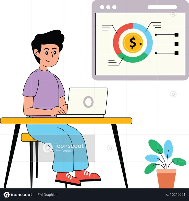 Boy working on laptop while doing financial analysis  Illustration