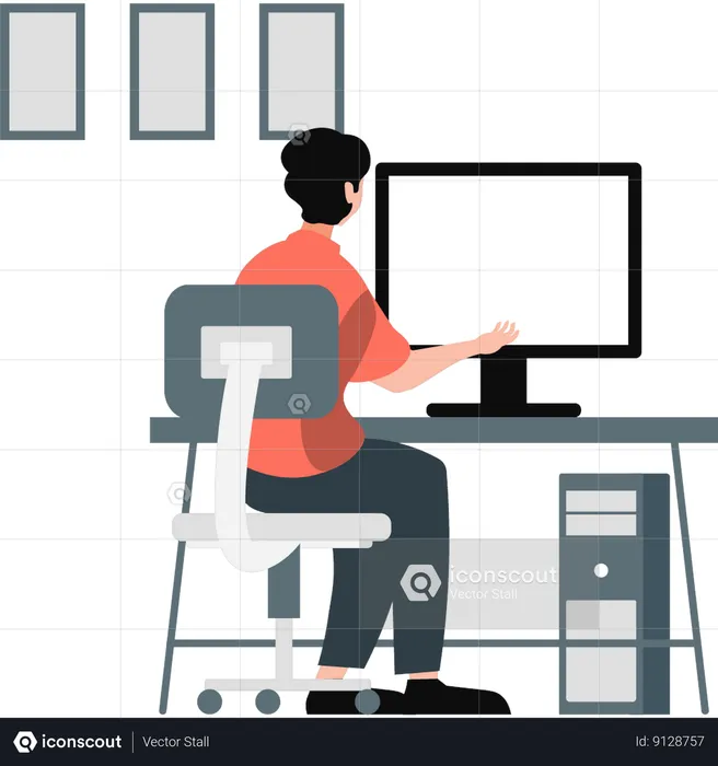 Boy working on monitor in office  Illustration
