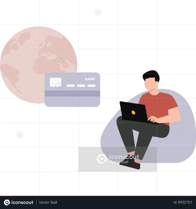 Boy working online on global bank card  Illustration