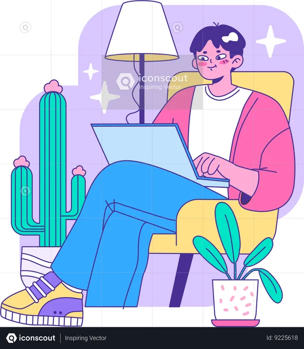 Boy working online on laptop  Illustration