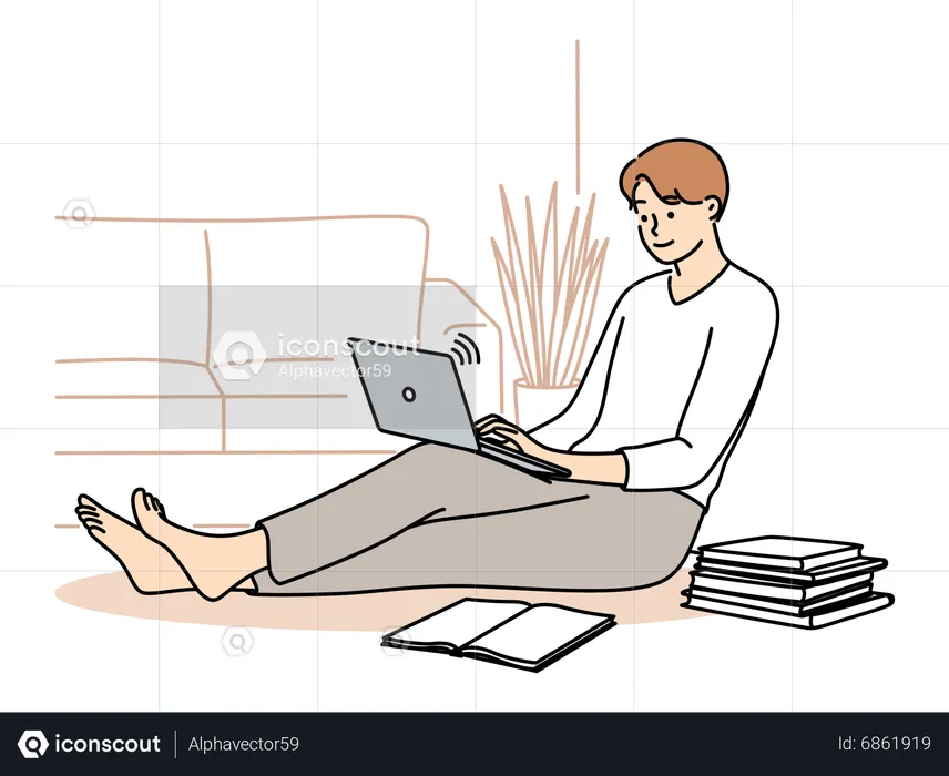 Boy working remotely from home  Illustration