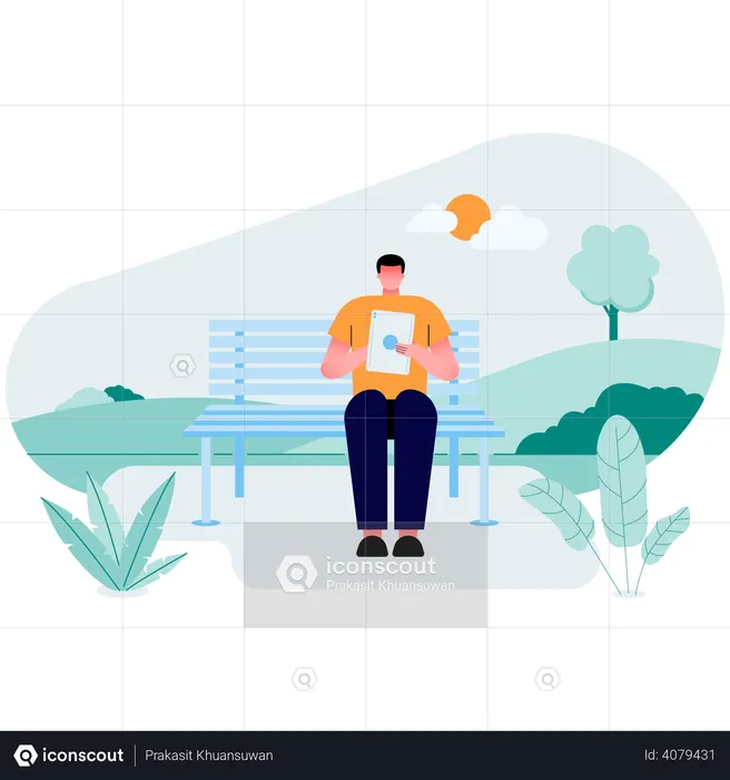 Boy working while sitting on bench  Illustration