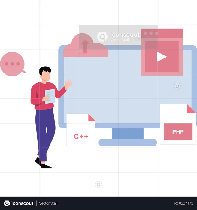 Boy works on cloud data  Illustration