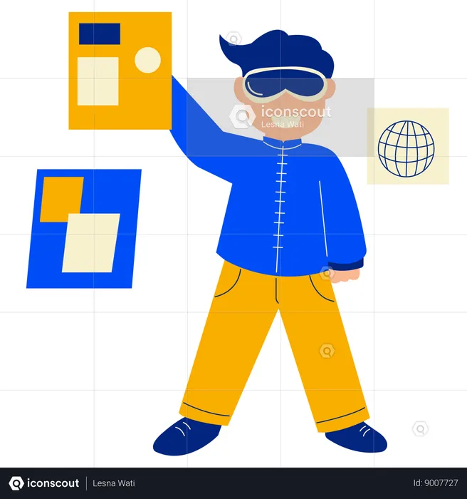 Boy works with virtual technology  Illustration