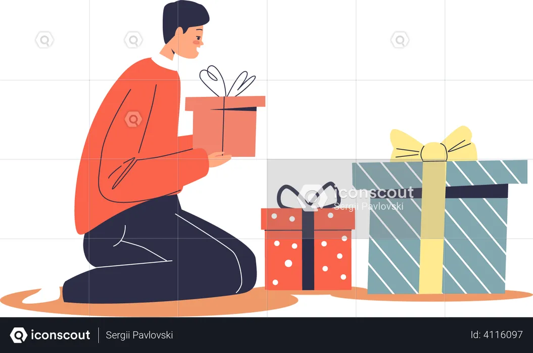 Boy wrapping christmas presents in gift boxes  Illustration