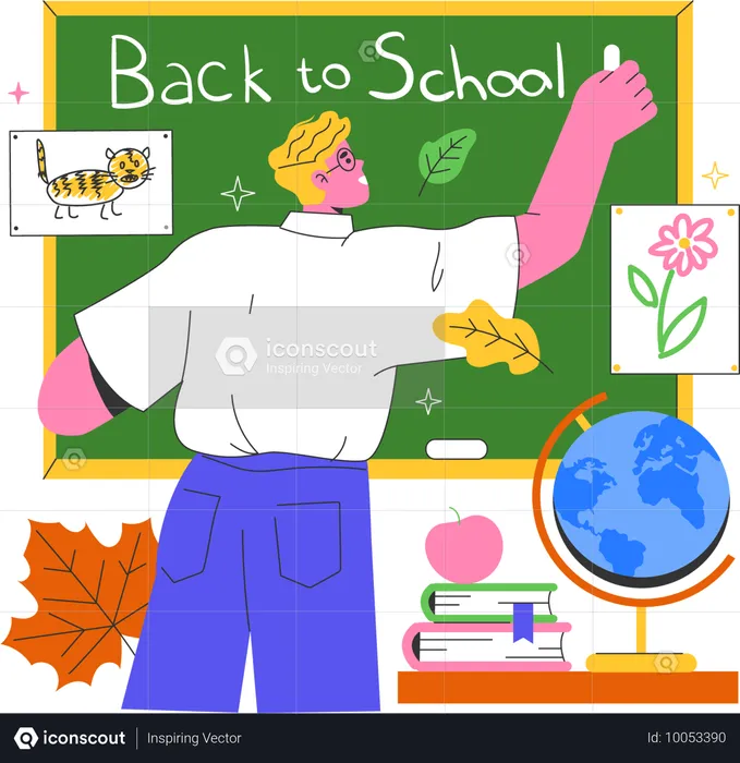 Boy writing back to school on classboard  Illustration