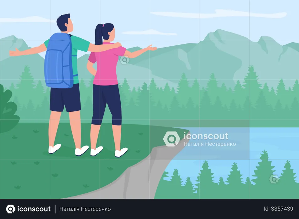 Boyfriend and girlfriend standing on mountain peak  Illustration