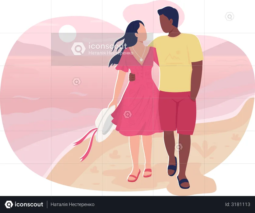 Boyfriend and girlfriend walk in beach  Illustration