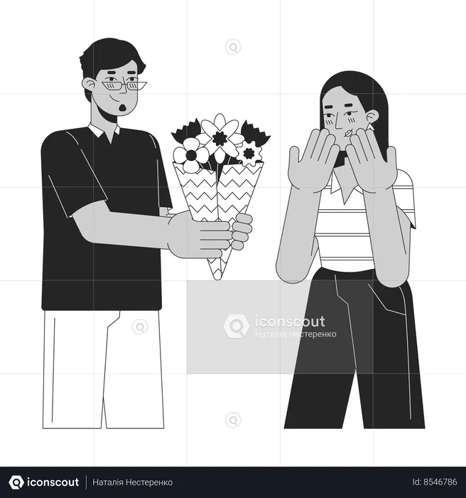Boyfriend giving bouquet flowers to girlfriend  Illustration