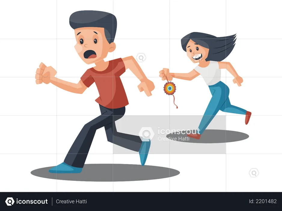Boyfriend running to avoid girl to tie rakhi  Illustration