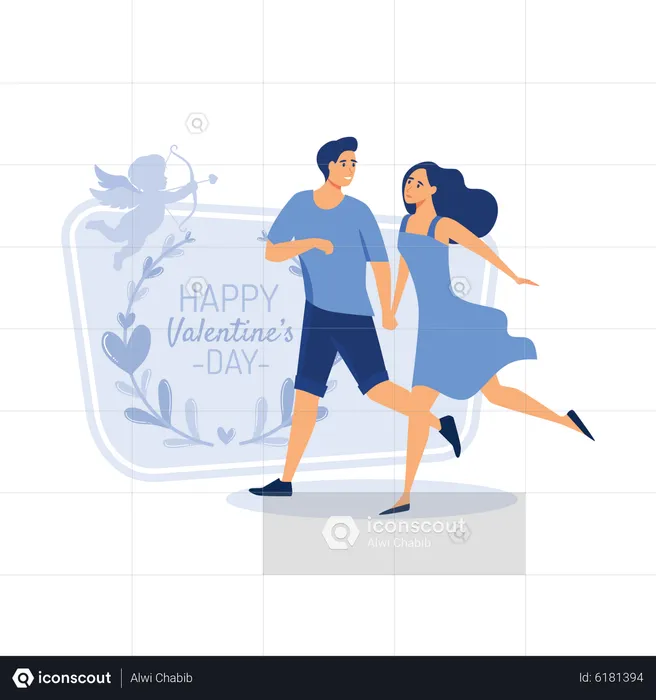 Boyfriend running with his girlfriend on walkway  Illustration